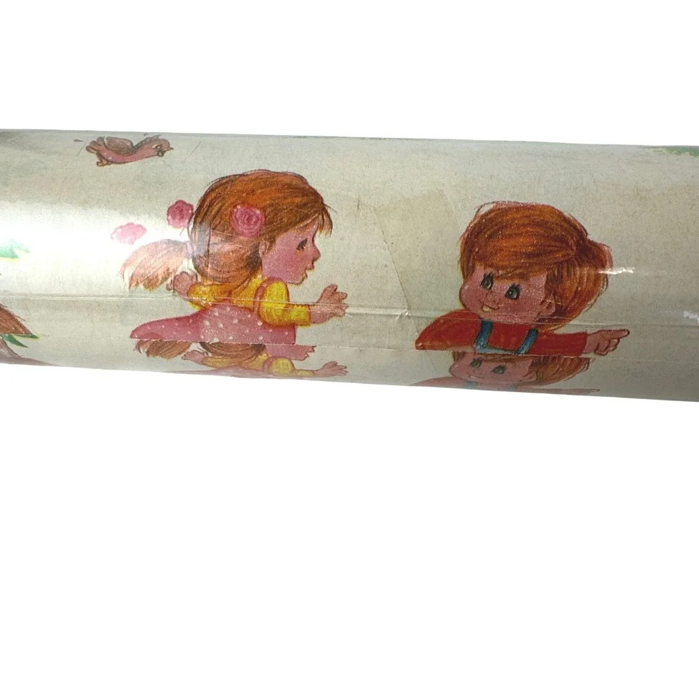 Vintage‎ 80s Gift Wrap Paper Roll Children Rainbow Bunnies Squirrels 24 Inch